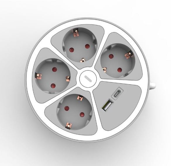 Multi Tomada Redonda 4 Vias + USB-A + USB-C  c/ int 1.5m